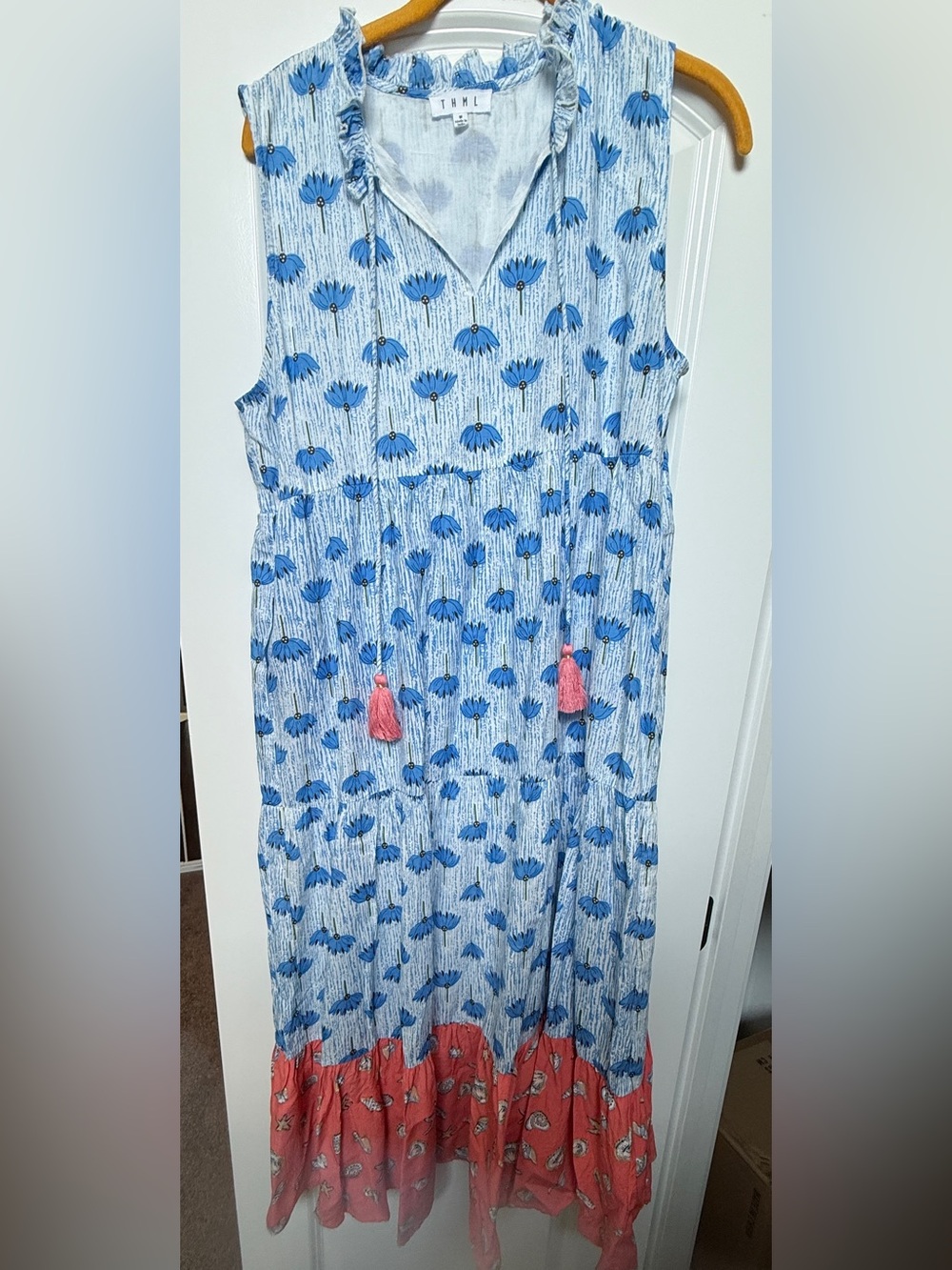 THML Blue Floral Maxi Dress with Coral Tassels